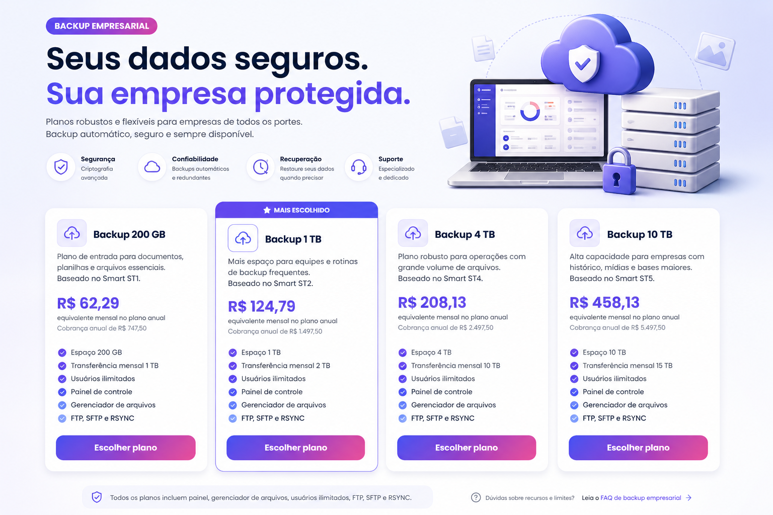Tela para escolher plano de backup empresarial